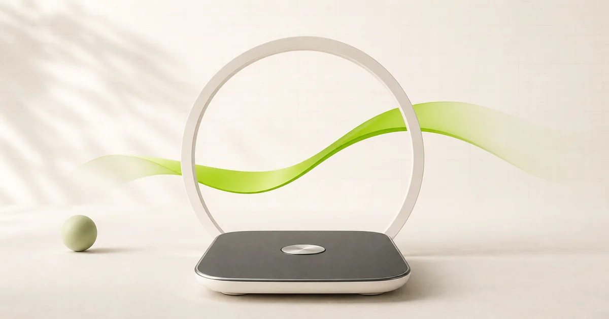 A weight scale beneath an open frame crossed by a smooth green trend ribbon