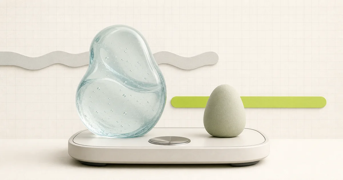 A translucent water form and a solid matte form balanced beside a calm weight scale