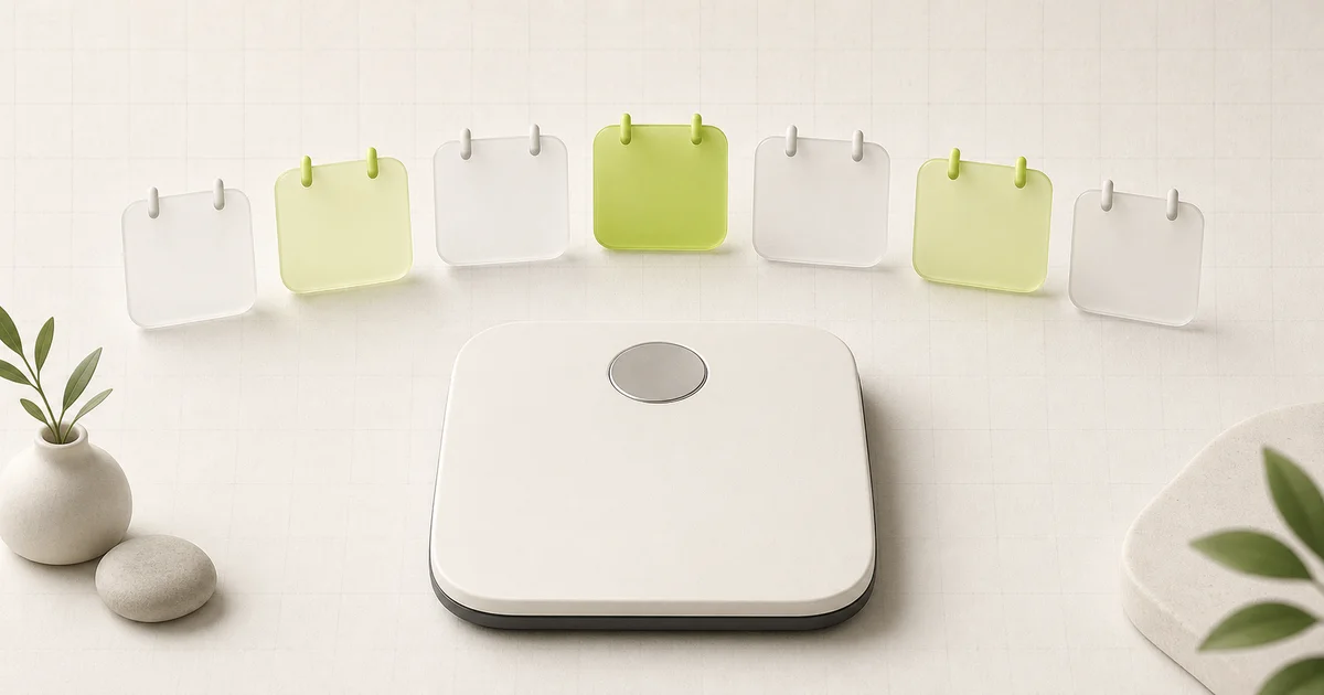 A calm weight scale surrounded by a small sequence of evenly spaced calendar tiles