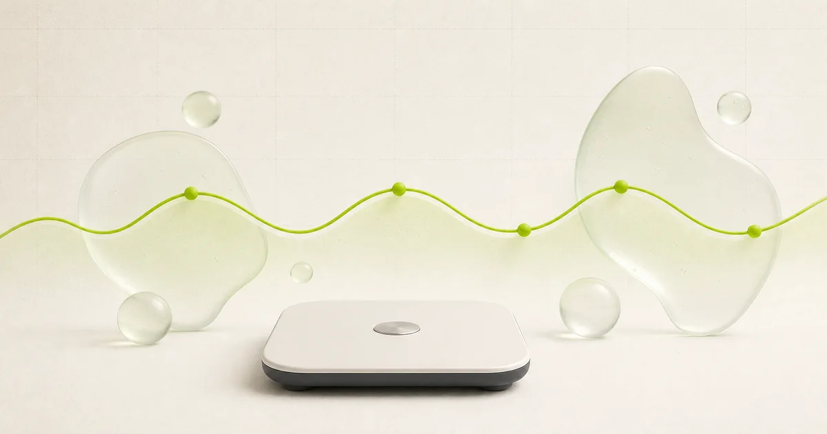 A calm weight scale beneath a gently fluctuating green trend line and translucent water shapes